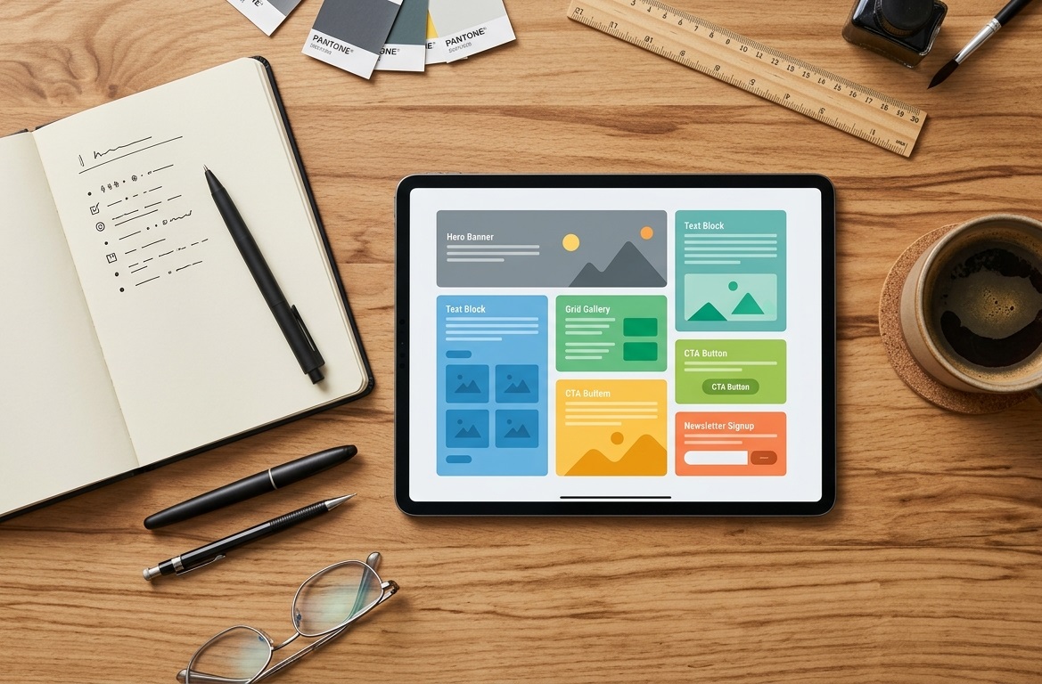 Escritorio minimalista con herramientas de planificación de contenidos y estructura web.