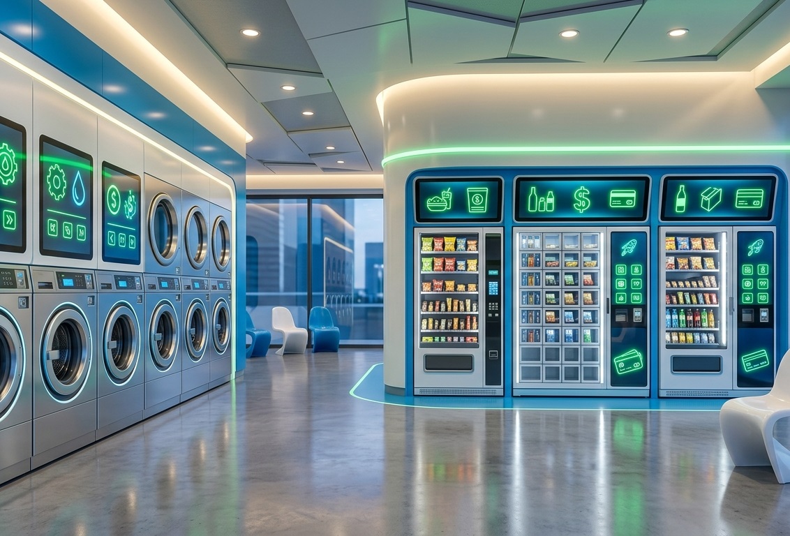 Máquinas de vending modernas y lavandería autoservicio inteligente gestionadas de forma digital.