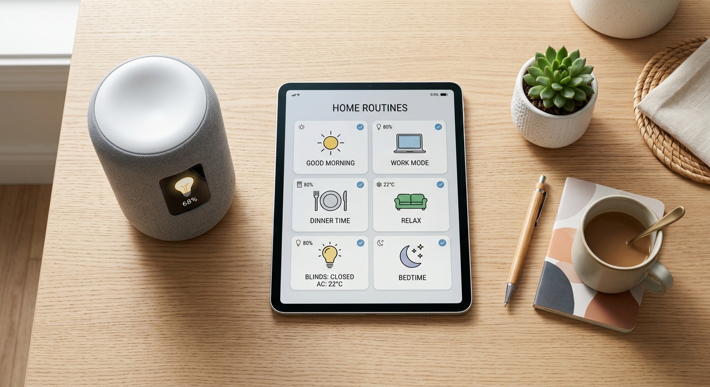 Escritorio ordenado con un altavoz inteligente, tablet y luces LED integradas en el hogar.