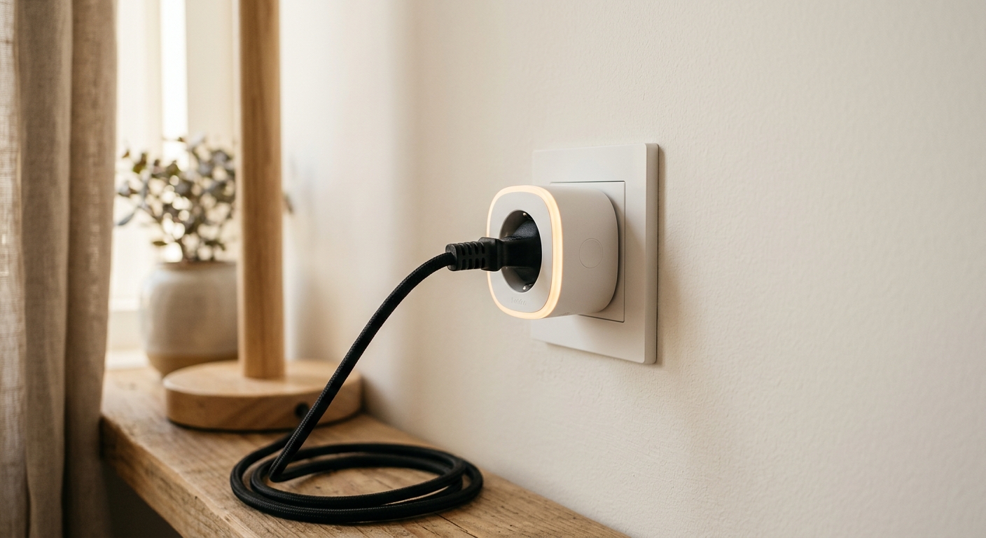 Enchufe inteligente conectado a la pared con indicador de consumo de energía.