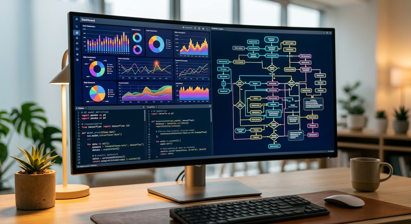 Pantalla con herramientas de análisis de datos e inteligencia artificial aplicadas al trabajo.