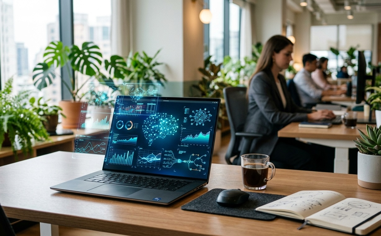 Profesional de oficina utilizando herramientas de inteligencia artificial en múltiples pantallas.