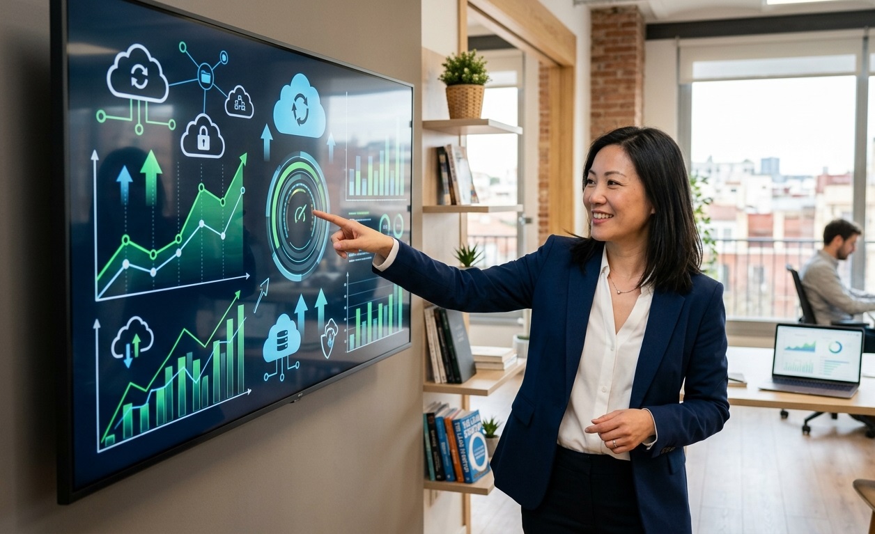 Propietario de pequeña empresa analizando gráficos de crecimiento digital y automatización de procesos en una oficina moderna.