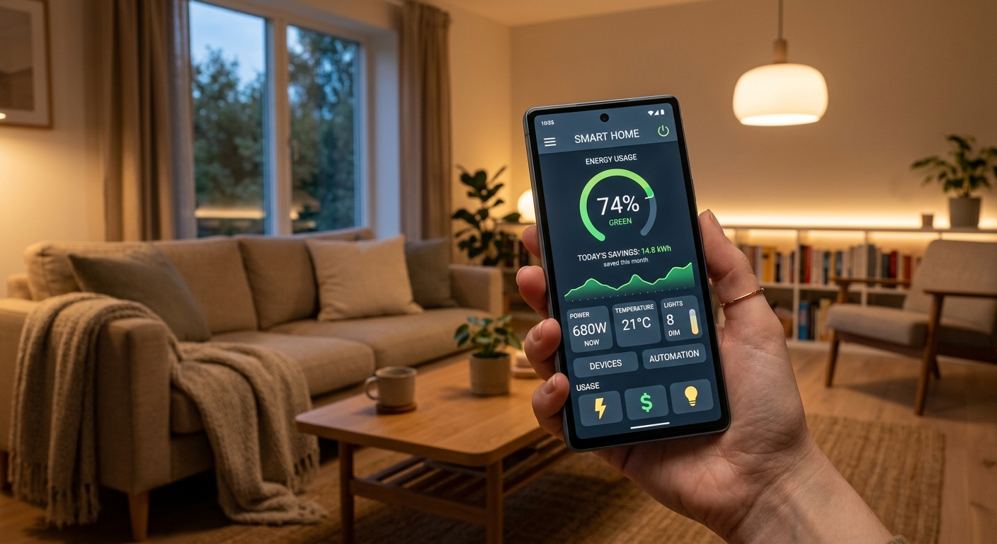 Teléfono móvil mostrando una app de domótica para controlar enchufes e iluminación en un salón moderno.