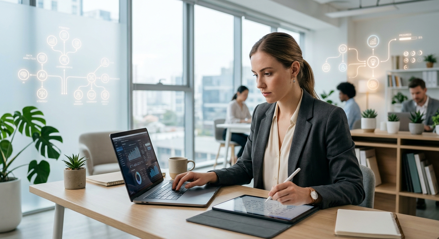 Persona trabajando en un espacio moderno analizando gráficos de competencias y habilidades del futuro.