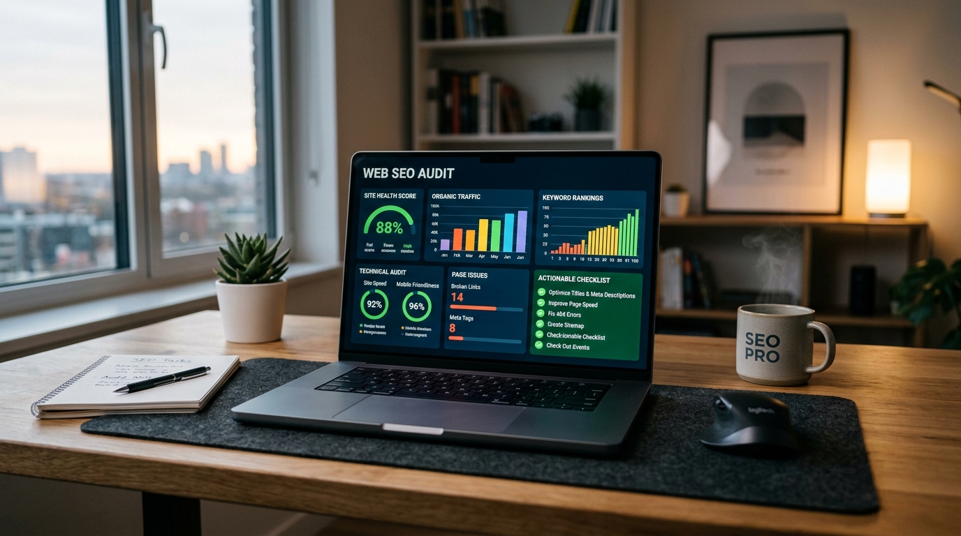 Pantalla de ordenador mostrando una lista de verificación de auditoría SEO y gráficos de rendimiento web
