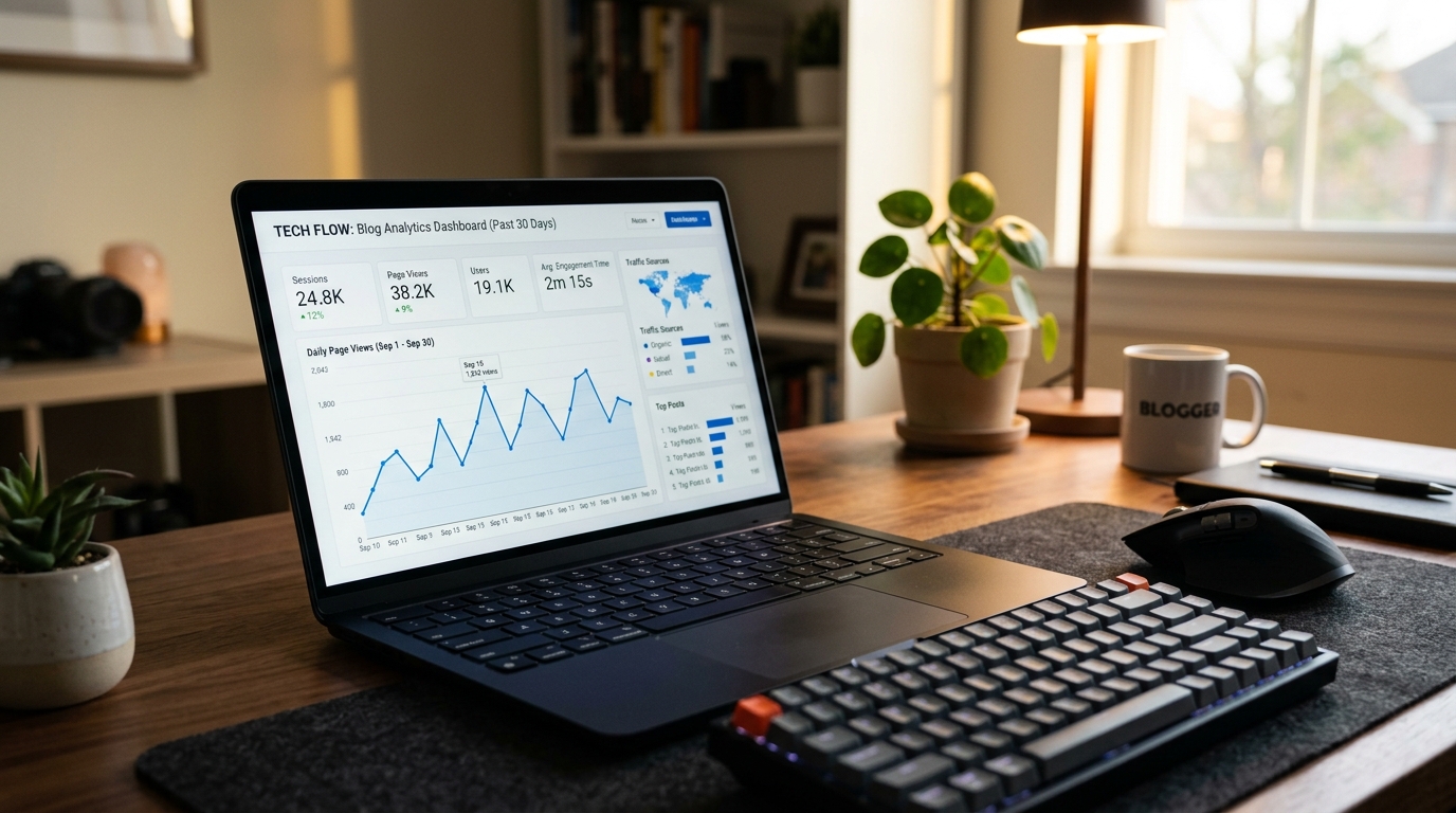 Pantalla de ordenador con panel de analítica mostrando gráficos de tráfico y métricas de un blog