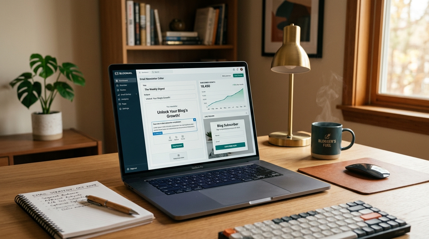 Pantalla de ordenador mostrando un formulario de suscripción a boletín y métricas de email marketing