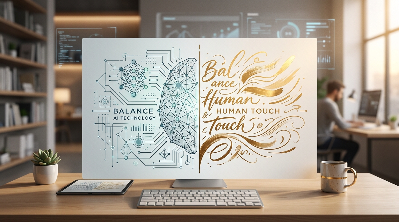 Esquema gráfico que muestra el equilibrio entre redacción por IA y revisión humana para SEO