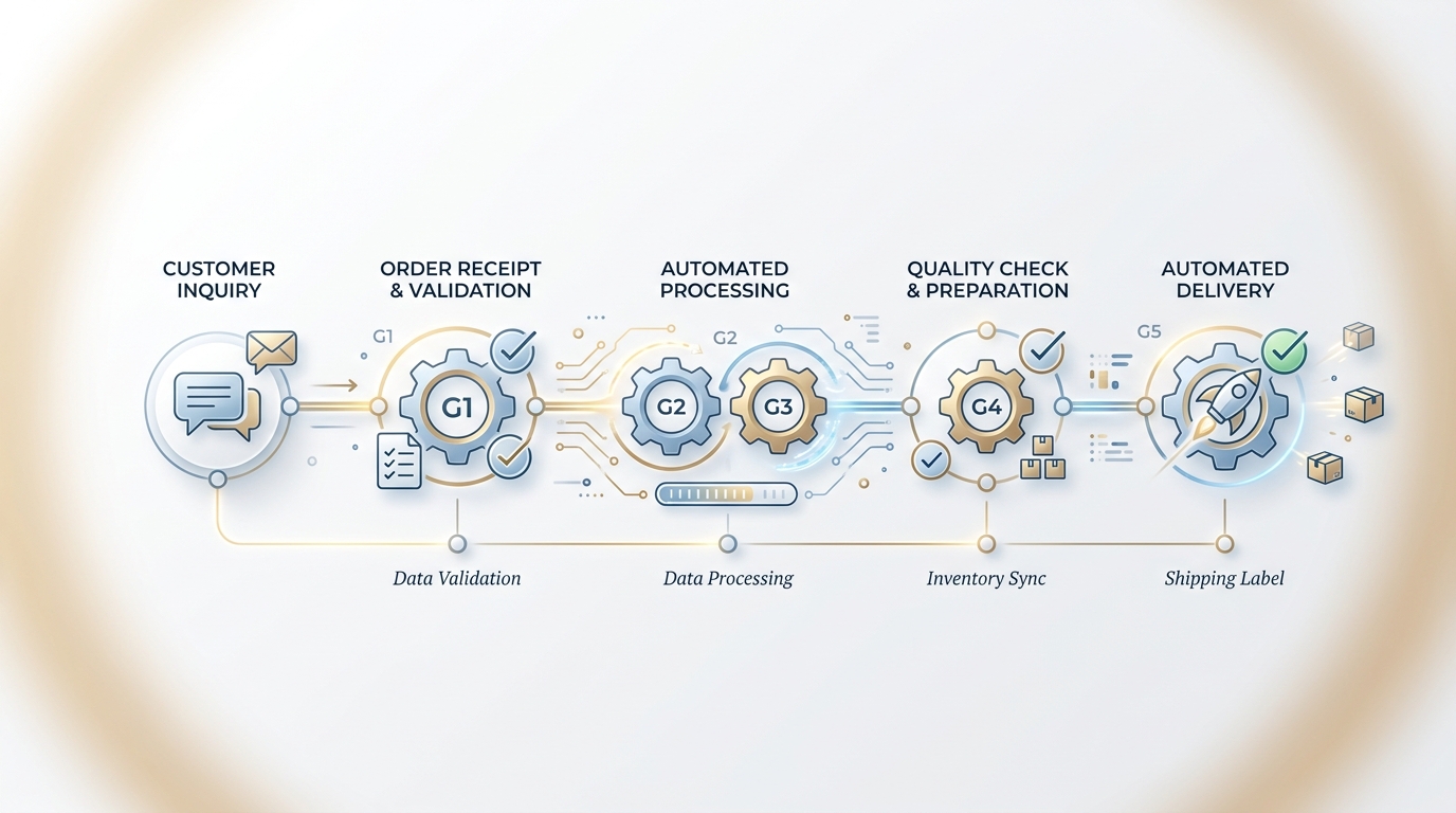 Diagrama de flujo de trabajo mostrando tareas repetitivas automatizadas en un pequeño negocio