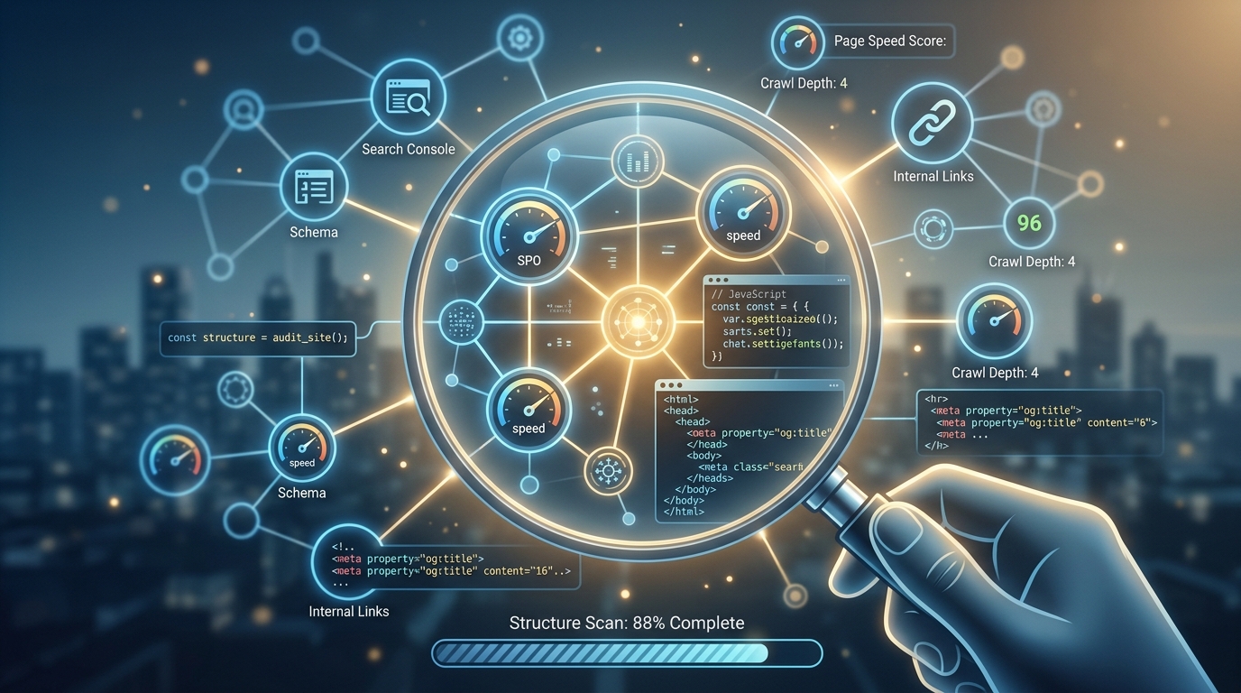 Esquema gráfico visual con pasos para auditar el rendimiento y enlaces de una página web
